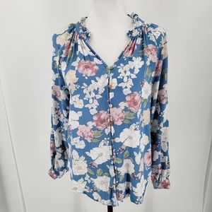 Alex & Jordan Blouse Womens Small Floral Blue Ruffle V Neck